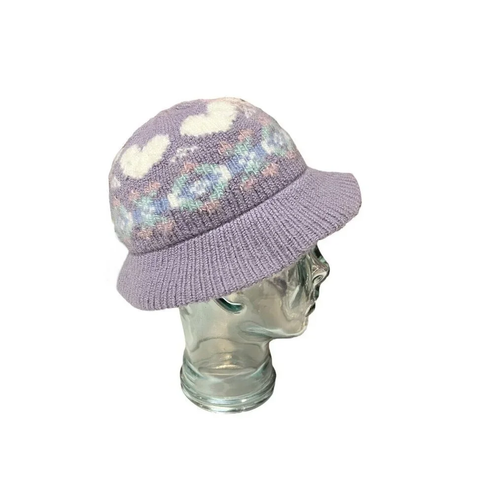 Vtg Pastel Purple Heart Knit Bucket Cloche Hat Fairy Kei y2k Fuzzy Kidcore